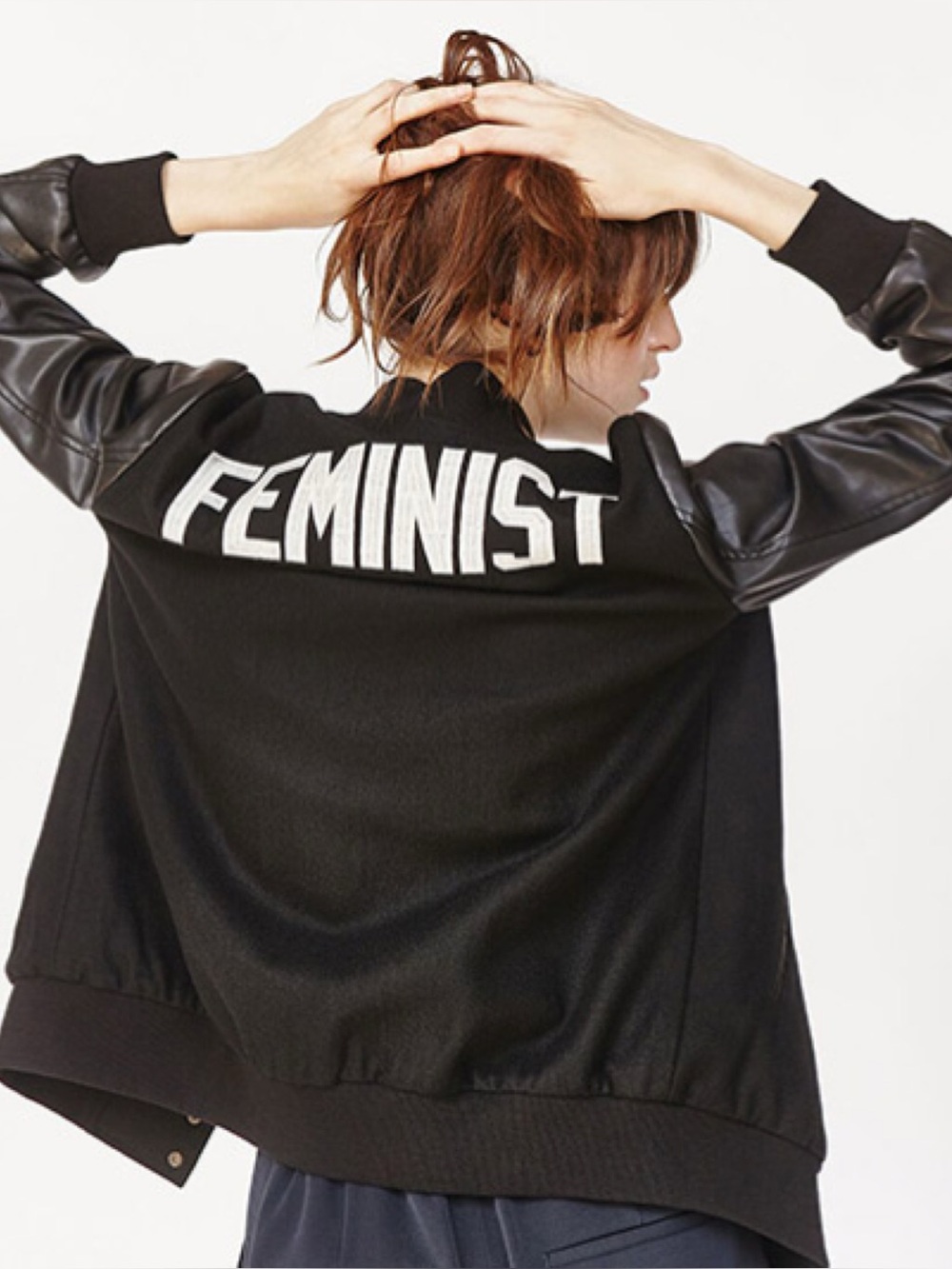 Hillary MacMillan Feminist Varsity Jacket in Black